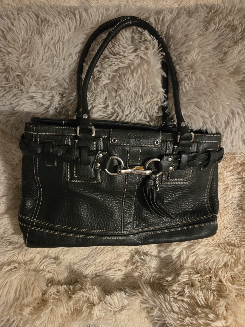 Classic Black Leather Coach Tote with Braided Trim
